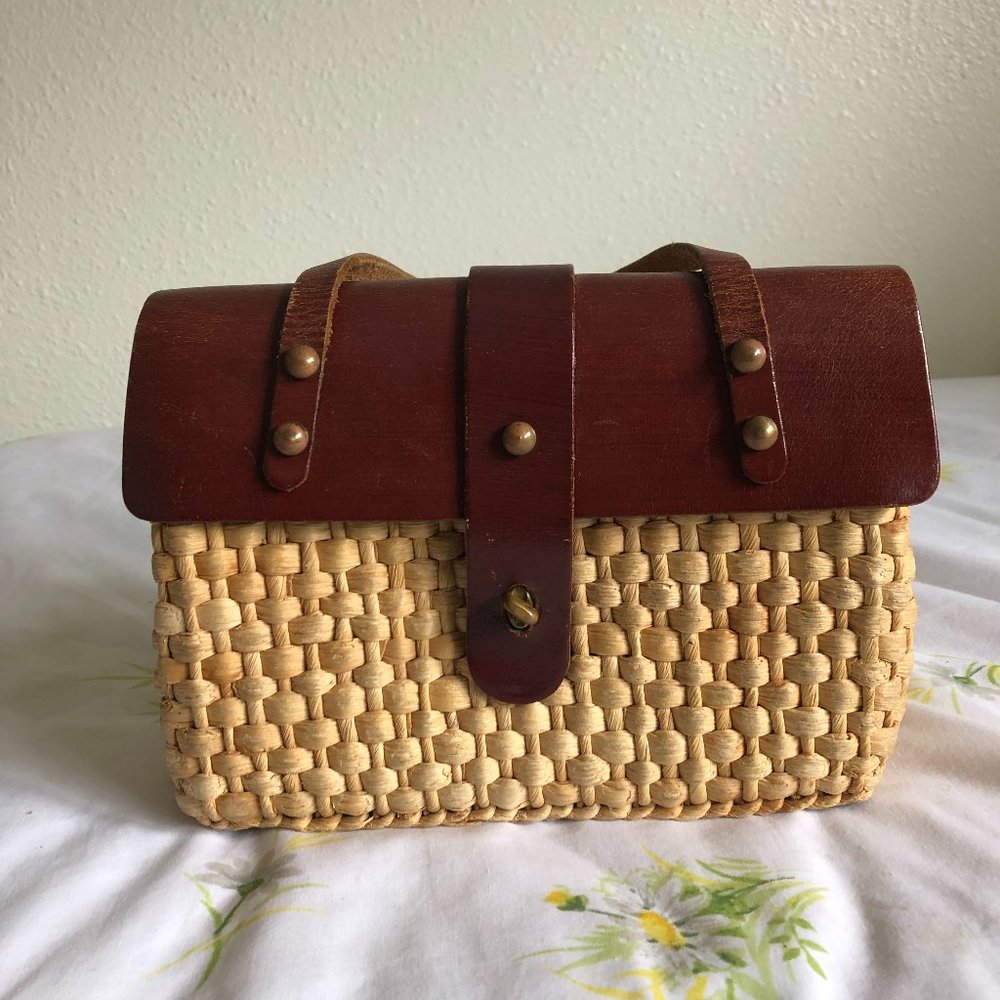 Woven Straw & Leather Small Handbag